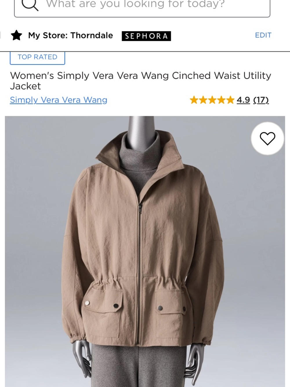ISO: (Sz M or MP) Simply Vera Vera Wang Taupe Cinch-Waist Utility Jacket